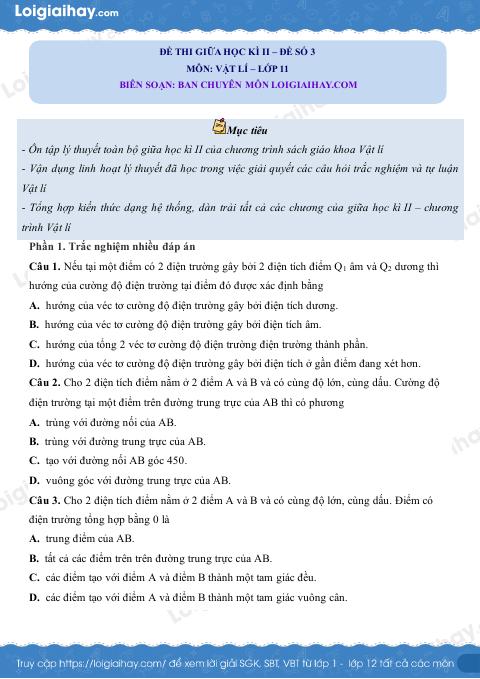 Đề thi giữa học kì 2 Vật lí 11 Cánh diều - Đề số 3